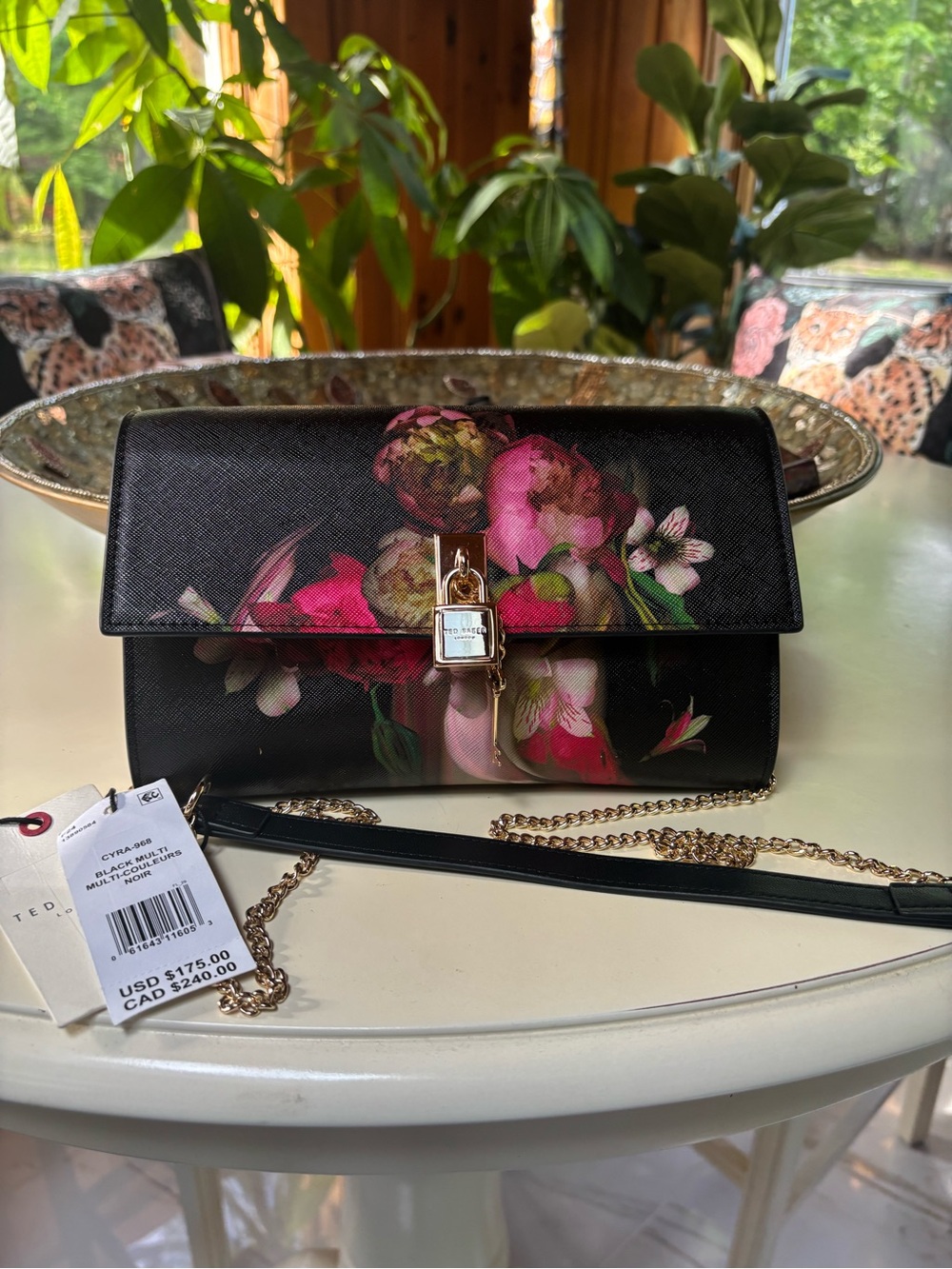 Ted Baker Black Floral Lock-Front Crossbody with Gold Chain